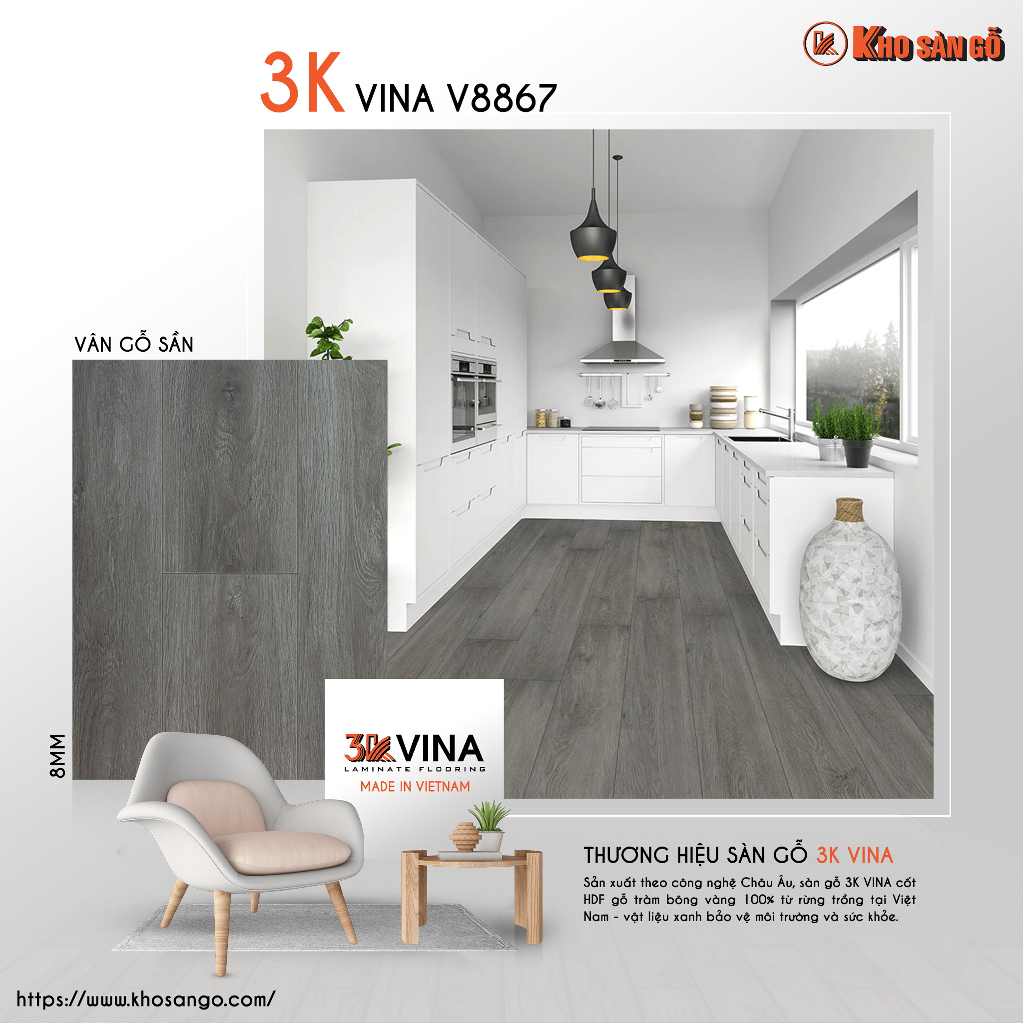 Sàn gỗ Công nghiệp 3K VINA V8867